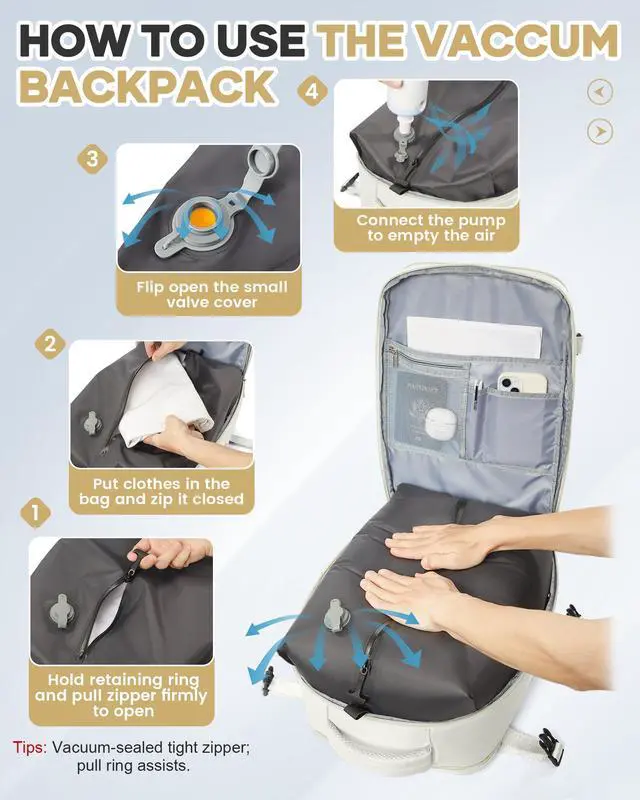 Alt view image 3 of 5 - Vacuum Seal Travel Backpack with Air Pump,Compression Vacpack Waterproof Carry On Backpack for Travel Women Men with Vacuum System,Airlines Approved Daypack Laptop Space Saver Bags,MoonWhite