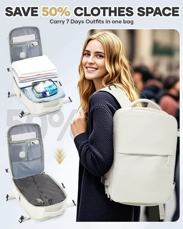 Alt view image 5 of 5 - Vacuum Seal Travel Backpack with Air Pump,Compression Vacpack Waterproof Carry On Backpack for Travel Women Men with Vacuum System,Airlines Approved Daypack Laptop Space Saver Bags,MoonWhite