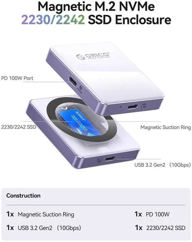 Alt view image 2 of 5 - ORICO Magnetic M.2 2230/2242 NVMe SSD External Enclosure, 10Gbps High-Speed Transfer, iPhone 4K ProRes Recording Support, PD100W Charging Port, Support for iPhone 15/16/17 Series - AP42P (Green)