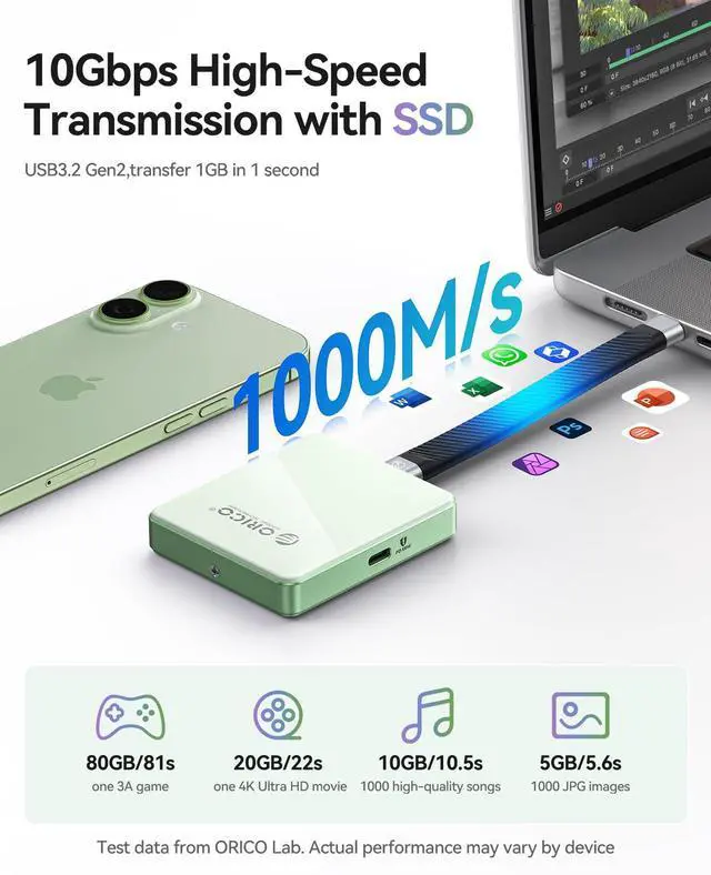 Alt view image 3 of 5 - ORICO Magnetic M.2 2230/2242 NVMe SSD External Enclosure, 10Gbps High-Speed Transfer, iPhone 4K ProRes Recording Support, PD100W Charging Port, Support for iPhone 15/16/17 Series - AP42P (Green)