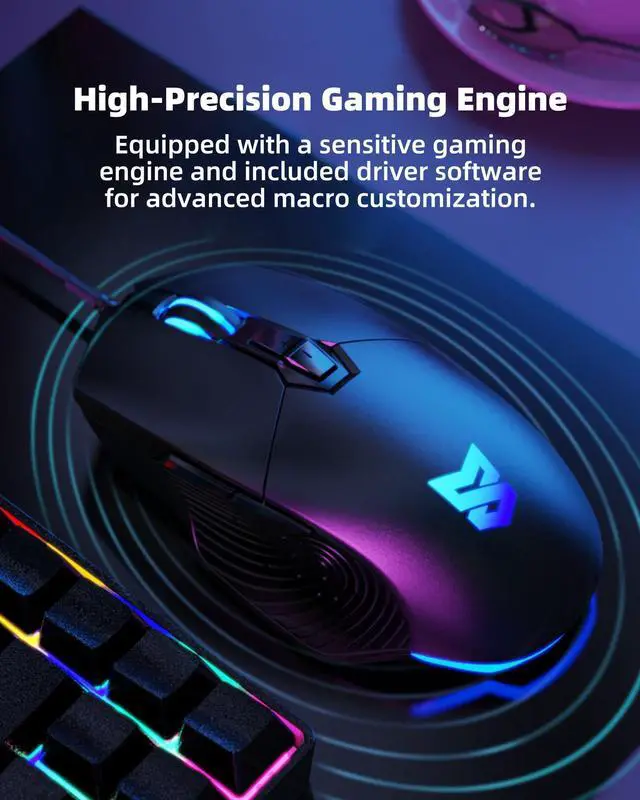 Alt view image 2 of 5 - Ergonomic Wired Gaming Mouse, 7200 DPI Optical Sensor Adjustable, USB C, RGB LED Backlit Gaming Mice with 7 Programmable Buttons, Plug Play High-Precision for PC Laptop, Black