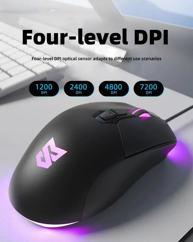Alt view image 3 of 5 - Ergonomic Wired Gaming Mouse, 7200 DPI Optical Sensor Adjustable, USB C, RGB LED Backlit Gaming Mice with 7 Programmable Buttons, Plug Play High-Precision for PC Laptop, Black