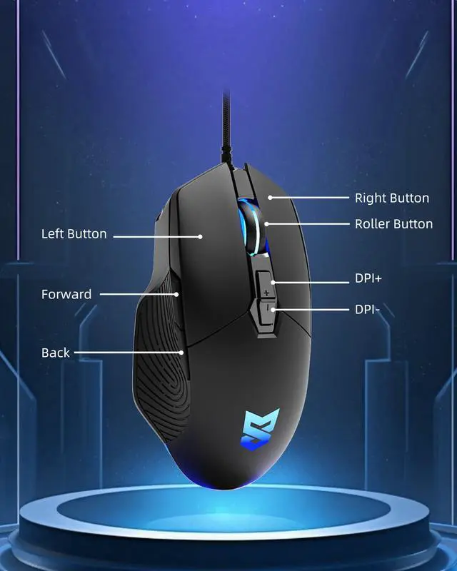 Alt view image 5 of 5 - Ergonomic Wired Gaming Mouse, 7200 DPI Optical Sensor Adjustable, USB C, RGB LED Backlit Gaming Mice with 7 Programmable Buttons, Plug Play High-Precision for PC Laptop, Black