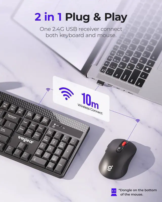 Alt view image 2 of 5 - wegear Wireless Keyboard and Mouse Combo, 5-Level Adjustable 4000 DPI Mouse, Quiet 2.4G Full Size Keyboard with 8 Additional Shortcuts, Silent Typewriter for PC, Desktop, Laptop, MacBook
