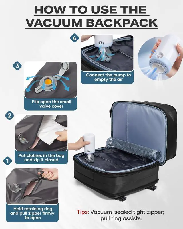 Alt view image 4 of 5 - wepadre Vacuum Backpack Travel with Pump Expandable Travel Backpack with Vacuum System Vacpack Compression Backpacks Easy Vac Pack Carry on Luggage