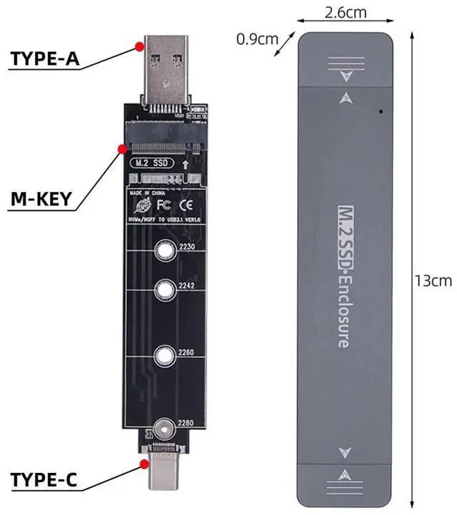 Alt view image 2 of 5 - cablecc Combo Type-C & USB3.0 to NVME M-Key M.2 NGFF SATA SSD PCBA Case 2280/2242/2230mm Adapter RTL9210B Chipset