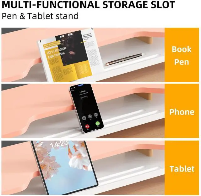 Alt view image 3 of 5 - AFOOYO 2 Tier Dual Monitor Stand Riser,Wider Board Computer Monitor Stand for 2 Monitors,Slot For Phone/Tablet Office Desktop Organizer for Laptop,PC,Computer,Printer,Pink