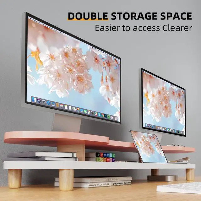 Alt view image 5 of 5 - AFOOYO 2 Tier Dual Monitor Stand Riser,Wider Board Computer Monitor Stand for 2 Monitors,Slot For Phone/Tablet Office Desktop Organizer for Laptop,PC,Computer,Printer,Pink