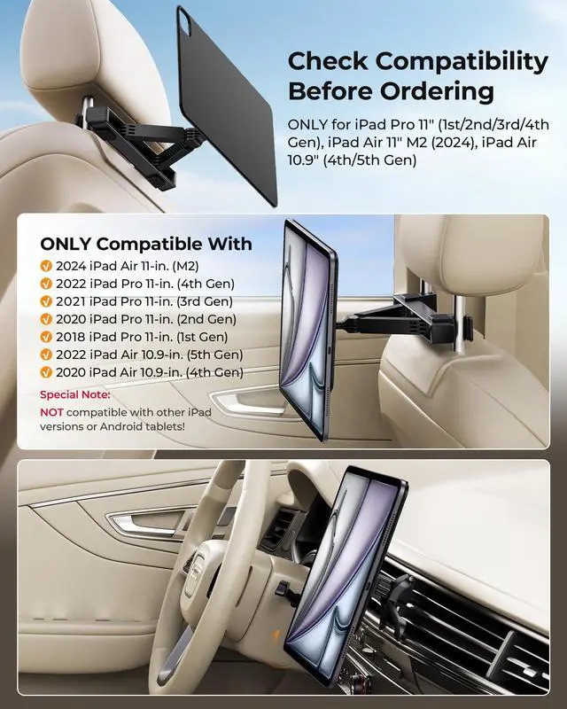 Alt view image 2 of 5 - KU XIU Magnetic iPad Holder for Car Headrest,Backseat Tablet Car Mount for iPad Pro/Air 11" M2, Road Trip Essentials for Kids, Tablet Car Holder for iPad Pro 11 1st/2nd/3rd/4th, iPad Air 10.9" 4/5th