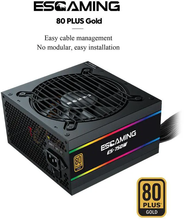 Alt view image 5 of 5 - 750W Power Supply, 80 Plus Gold Certified Non-Modular PSU with Active PFC, Quiet 120mm Cooling Fan for Gaming PC