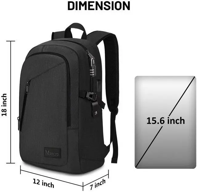 Alt view image 5 of 5 - Mancro Business Travel Laptop Backpack, Anti Theft Slim Laptop Bag with USB Charging Port for Men and Women, Water Resistant Computer Bag Fits 15.6 Inch Laptop and Notebook (Black)