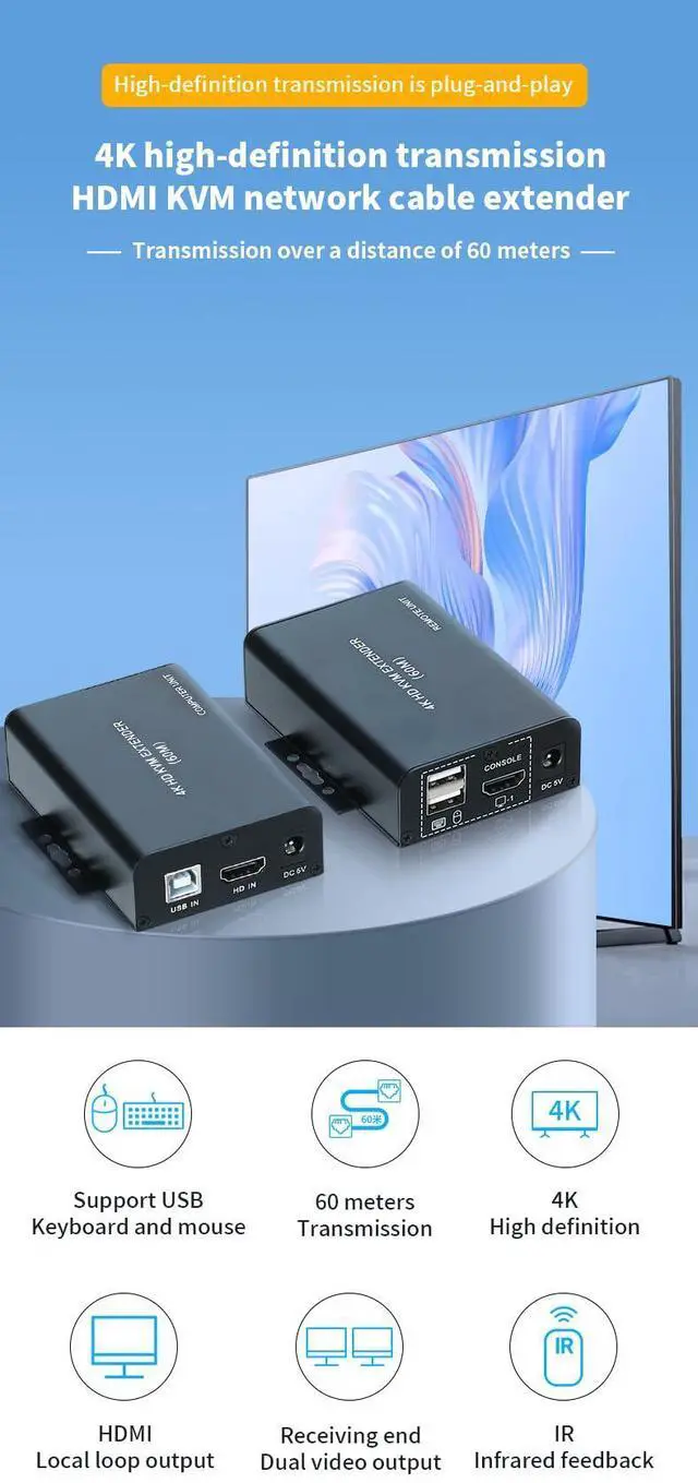 Alt view image 2 of 5 - 60M HDMI KVM Extender Over Cat5e Cat6 4K30Hz HDMI USB KVM 60M Extender Transmit with Supports Dual Loop Output Function USB Keyboard Mouse Extension