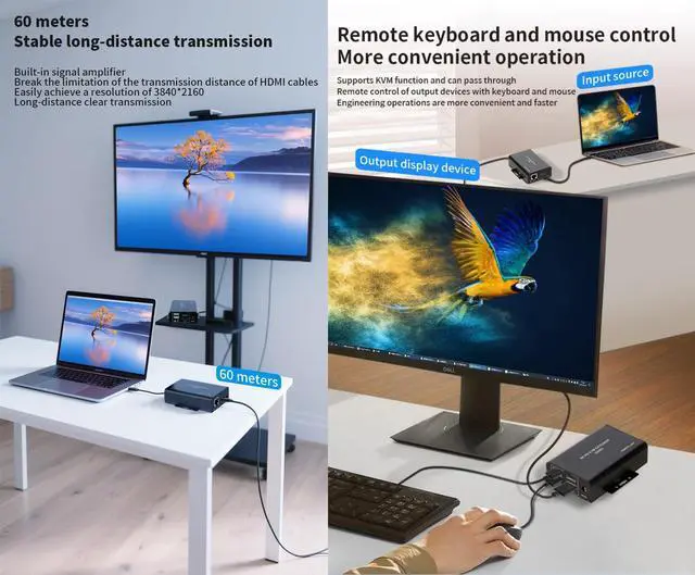 Alt view image 3 of 5 - 60M HDMI KVM Extender Over Cat5e Cat6 4K30Hz HDMI USB KVM 60M Extender Transmit with Supports Dual Loop Output Function USB Keyboard Mouse Extension