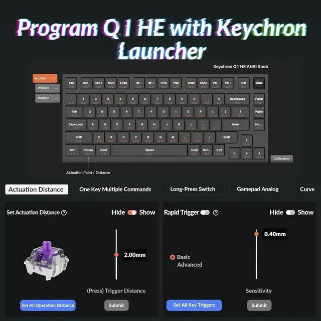 Alt view image 4 of 5 - Keychron Q1 HE QMK Rapid Trigger Wireless Custom Mechanical Keyboard, 2.4 GHz/Bluetooth/Wired 75% Hot-Swappable Programmable RGB Gateron Double-Rail Magnetic Switches for Mac Windows, Carbon Black