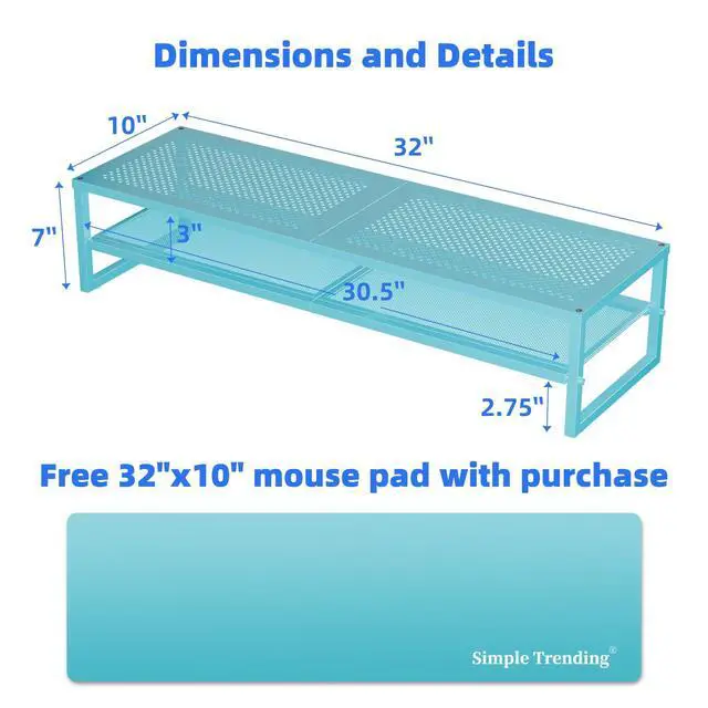 Alt view image 3 of 5 - Simple Trending 2 Tier Metal Dual Monitor Stand Riser, Computer Office Desktop Organizer for 2 Monitors with 32"x10" Mouse Pad for Laptop, Printer, TV, Blue