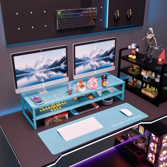 Alt view image 2 of 5 - Simple Trending 2 Tier Metal Dual Monitor Stand Riser, Computer Office Desktop Organizer for 2 Monitors with 32"x10" Mouse Pad for Laptop, Printer, TV, Blue