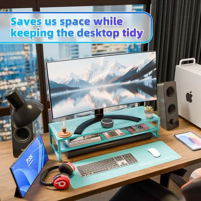 Alt view image 4 of 5 - Simple Trending 2 Tier Metal Dual Monitor Stand Riser, Computer Office Desktop Organizer for 2 Monitors with 32"x10" Mouse Pad for Laptop, Printer, TV, Blue