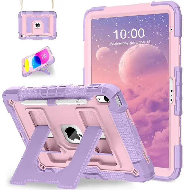 Main image of WESOROL Case for iPad A16 11th/10th Generation 2025/2022 with Pencil Holder Shoulder Strap iPad Case 10th Generation Shockproof Cover for iPad 11th/10th Gen Cases Kids,Purple Rose