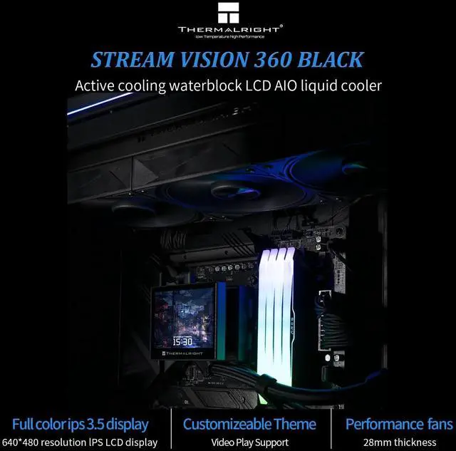 Alt view image 2 of 5 - Thermalright Stream Vision 360 Black CPU Liquid Cooler, 3.5in Magnetic Embedded Fan LCD Screen, 640x480 Resolution,Freely Defined Display Screen,2400RPM Speed, Compatible with AM5,lga1851/1700/115x