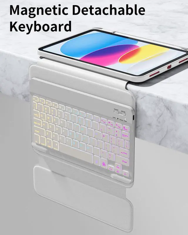 Alt view image 4 of 5 - Kidopire Compatible with iPad 11th 10th Generation Case with Keyboard - Detachable Wireless Keyboard Case for iPad A16 11-inch 2025 & 10.9-inch 2022, 7 Colors Backlit & 360° Rotatable Cover, LightGray