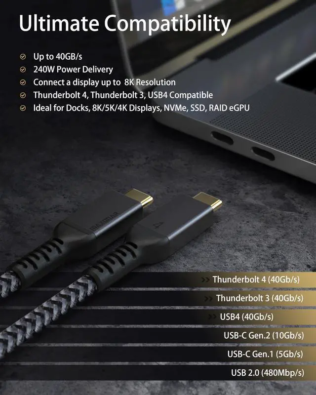 Alt view image 5 of 5 - Maxonar [6.6Ft] Thunderbolt 4 Cable with 40Gbps Data Sync/240W Charging and 8K/5K@60Hz for Thunderbolt 4/3, USB4, and USB C Devices