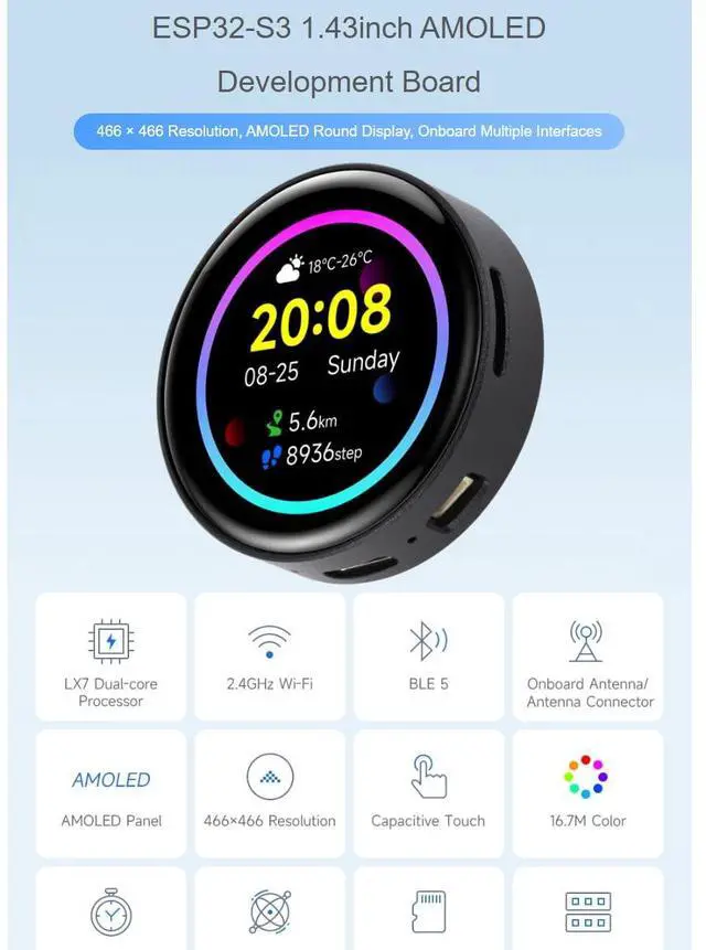 Alt view image 2 of 5 - waveshare ESP32-S3 1.43inch AMOLED Display Development Board,466×466 Resolution 16.7M Color Capacitive Touch AMOLED Round Display Support 2.4GHz WiFi and Bluetooth BLE 5