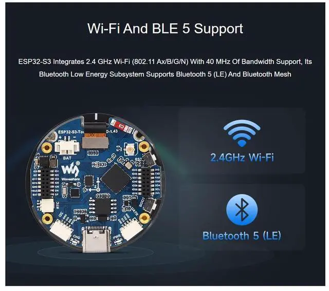 Alt view image 4 of 5 - waveshare ESP32-S3 1.43inch AMOLED Display Development Board,466×466 Resolution 16.7M Color Capacitive Touch AMOLED Round Display Support 2.4GHz WiFi and Bluetooth BLE 5