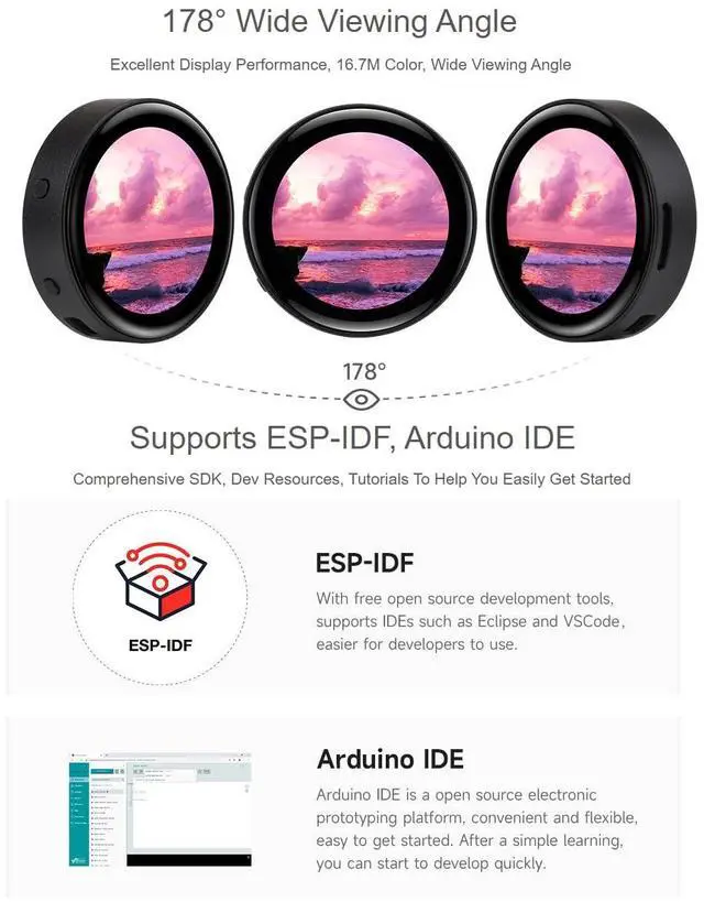 Alt view image 5 of 5 - waveshare ESP32-S3 1.43inch AMOLED Display Development Board,466×466 Resolution 16.7M Color Capacitive Touch AMOLED Round Display Support 2.4GHz WiFi and Bluetooth BLE 5