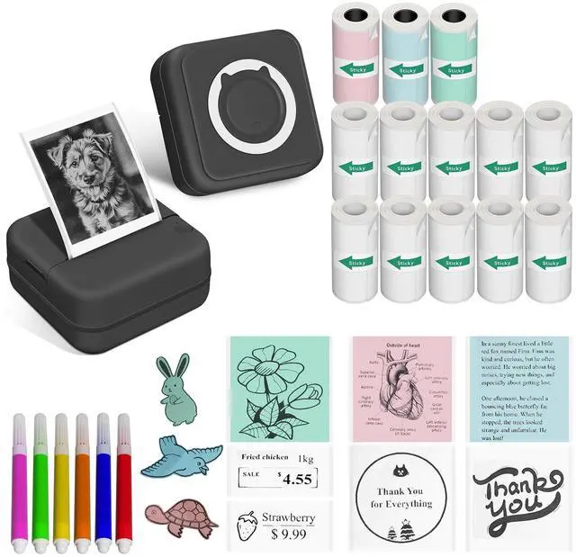 Main image of Sticker Printer - Print Pods Mini Printer with 14 Rolls Sticky Papers, Portable Sticker Maker Machine, Thermal Label Maker, Thermanote Phone Labeller for Photos Pictures Notes Graphics, Black