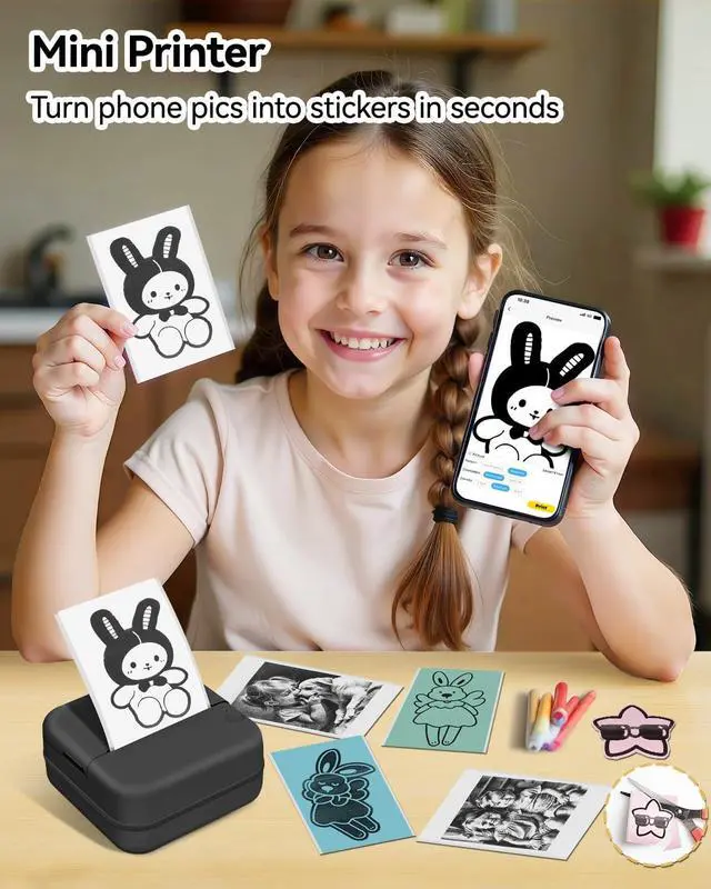 Alt view image 2 of 5 - Sticker Printer - Print Pods Mini Printer with 14 Rolls Sticky Papers, Portable Sticker Maker Machine, Thermal Label Maker, Thermanote Phone Labeller for Photos Pictures Notes Graphics, Black