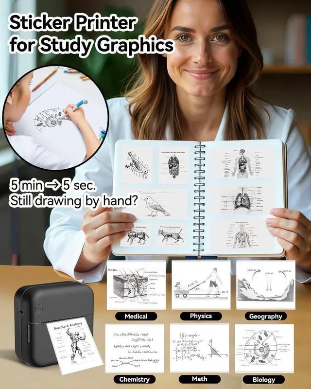 Alt view image 3 of 5 - Sticker Printer - Print Pods Mini Printer with 14 Rolls Sticky Papers, Portable Sticker Maker Machine, Thermal Label Maker, Thermanote Phone Labeller for Photos Pictures Notes Graphics, Black