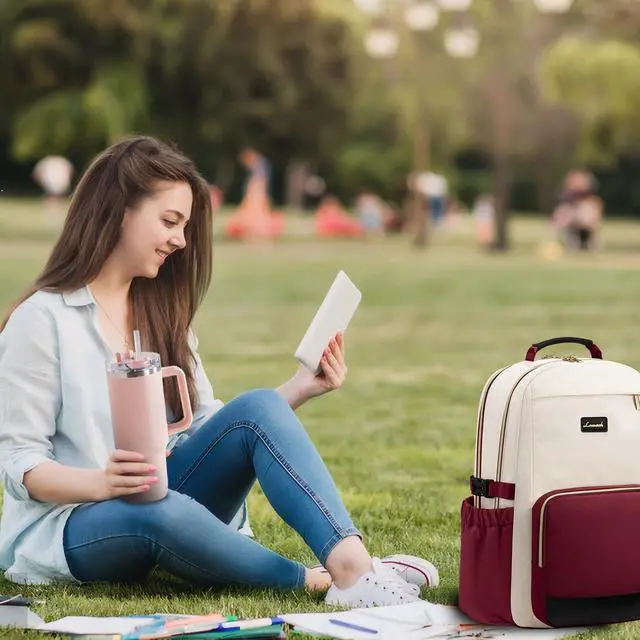Alt view image 2 of 4 - LOVEVOOK Laptop Backpack for Women with Pouch Pocket for Large Capacity Cup,17 Inch Teacher Nurse College Work Backpack Purse,Waterproof Laptop Bag Computer Back Pack for Travel, Beige-Red-Black