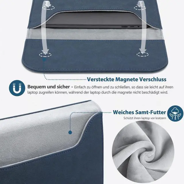 Alt view image 4 of 5 - HYZUO 15 Inch Laptop Sleeve Bag for MacBook Air 15 M4 A3241 M3 M2 2025-2023, 15" Surface Laptop 7/6/5/4/3, MacBook Pro 15 2019-2016, Faux Suede Leather Case Cover with Carry Pouch, Navy Blue