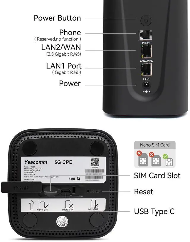 Alt view image 2 of 5 - Yeacomm 5G Router AX3600 WiFi-6 Modem with Sim Card Slot,NR NSA/SA 5G Cellular Router Up to 4.67Gbps,Dual Band Gigabit Wireless & LTE Cat20 Gateway,Mesh,Band Lock,VPN,No Voice