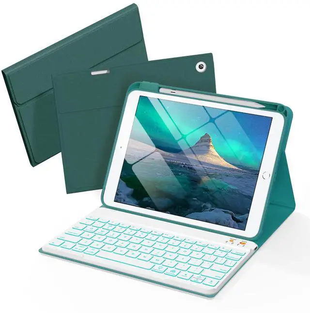 Main image of Senyoson Folio Keyboard Case for iPad 9.7 inch 6th 2018, 5th 2017, Air 2 2014 Released, Magnetic Wireless Detachable Keyboard, 7-Color Backlight, Thin & Light, Pencil Holder (Cyan)