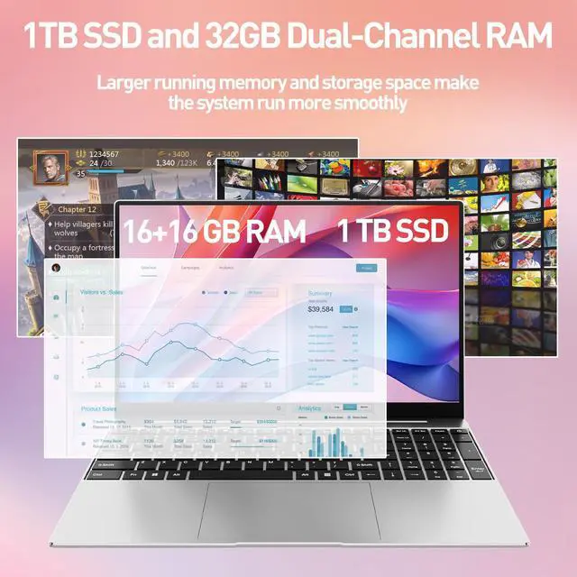 Alt view image 2 of 5 - 2025 Latest 15.6'' Pink Laptop Compatible with Windows 11, 32GB RAM 1TB SSD, Quad-Core Processor N5095(up to 2.9GHz), 1080P Full HD Display, Backlit Keyboard, Webcam, USB3.2, Mini-HDMI, WiFi5, BT5