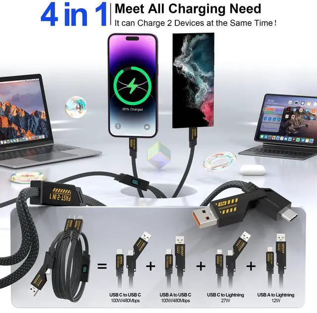 Alt view image 3 of 5 - USB C and Lightning Cable 2 in 1-100W USB A/C to USBC Cable with Carplay & Data & Wattage Display, Multi Fast Charging Cable for iPhone 17/16/15/14/13/12/11/X/Pro/Pro Max/Plus, Galaxy, MacBook, Pad