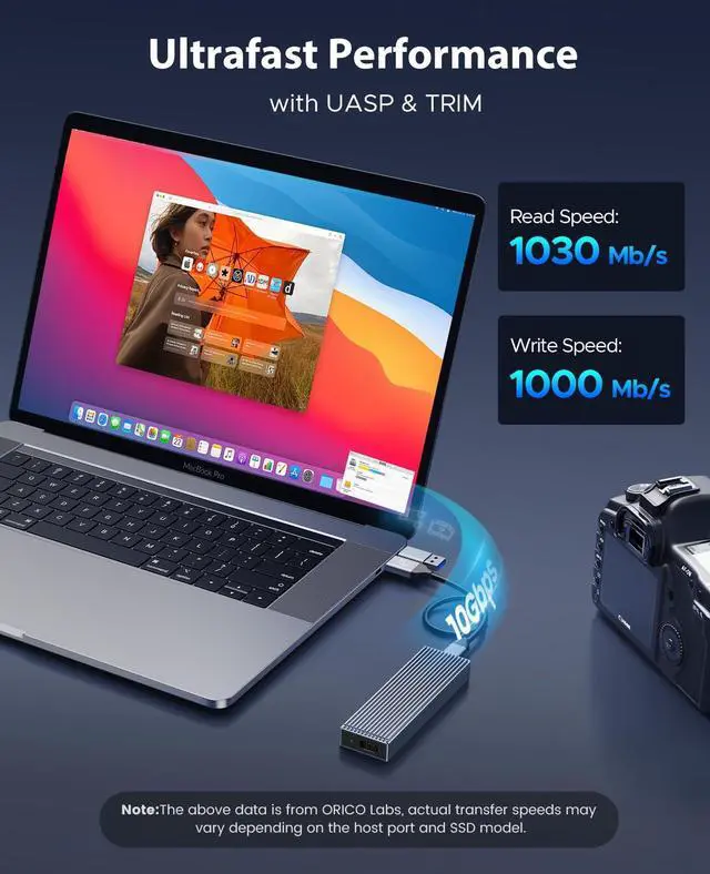 Alt view image 2 of 5 - ORICO M.2 NVMe SSD Enclosure Aluminum Tool-Free Adapter, 10Gbps USB3.2 USB-C M2 Reader for M.2 PCIe NVMe M-Key 2230/2242/2260/2280 SSD, Thunderbolt 3 Compatible, External Case Support UASP Trim-BM2G2