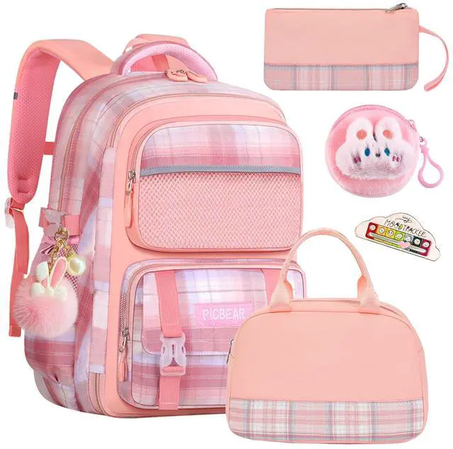 Main image of Psecoll 6Pcs Kawaii Backpack Set, Pink Bookbag Plaid Laptop Bag Water-Resistant Lightweight Daypack, Large Capacity School Bag Double Shoulder Backpack with Chest Strap (Pink)