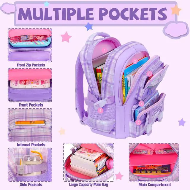 Alt view image 4 of 5 - Psecoll 6Pcs Kawaii Backpack Set, Pink Bookbag Plaid Laptop Bag Water-Resistant Lightweight Daypack, Large Capacity School Bag Double Shoulder Backpack with Chest Strap (Pink)