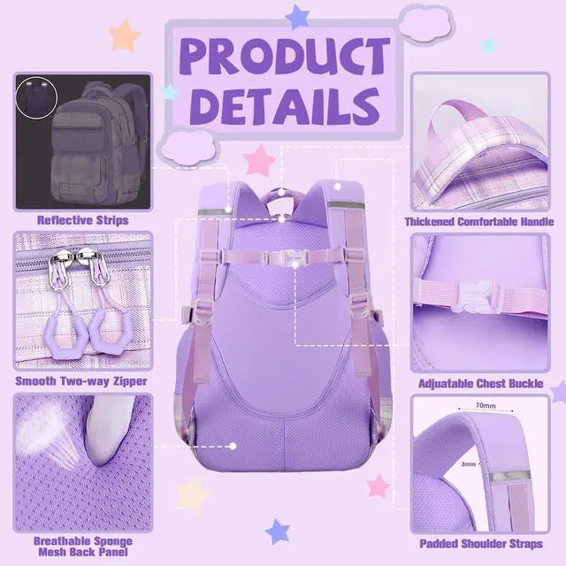 Alt view image 5 of 5 - Psecoll 6Pcs Kawaii Backpack Set, Pink Bookbag Plaid Laptop Bag Water-Resistant Lightweight Daypack, Large Capacity School Bag Double Shoulder Backpack with Chest Strap (Pink)