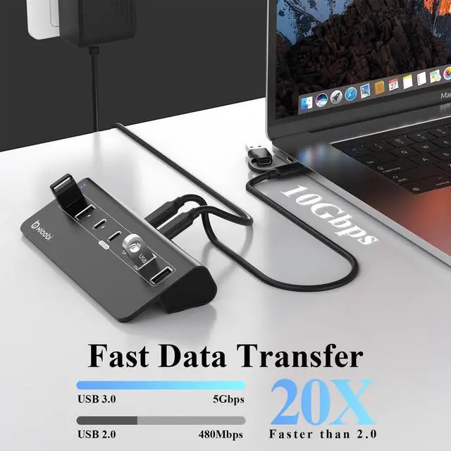 Alt view image 3 of 5 - USB C Hub,Powered USB Hub with 5V 3A Power Adapter, 10Gbps USB Splitter with 4 USB-A and 3 USB-C Ports, 7-Port Type C Multiport Adapter for MacBook Air/Pro, iPhone 16/15, Laptop and More(Black)