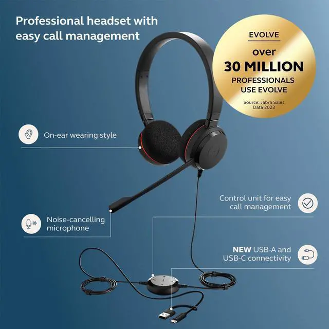 Alt view image 2 of 5 - Jabra Evolve 20 Wired Headset (2025 Edition) - Dual-Ear Wired Headset for Office and Work from Home - Call Control - Certified for MS Teams - USB-C/A Connectivity - Black