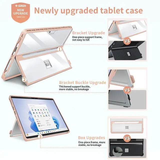 Alt view image 4 of 5 - SSS·GRGB Case Updated Version fit Microsoft Surface Pro 11/10 /9/8 13-Inch, All-in-one Rugged Case Compatible with Type Cover Keyboards, Transparent&Pink