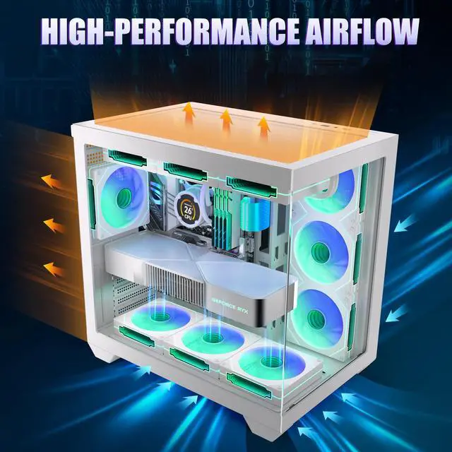 Alt view image 3 of 5 - White PC Case, ATX Gaming PC Case with 7 PWM ARGB Fans Pre-Installed,Type-C Full-View Dual Tempered Glass, Gaming Computer CASE