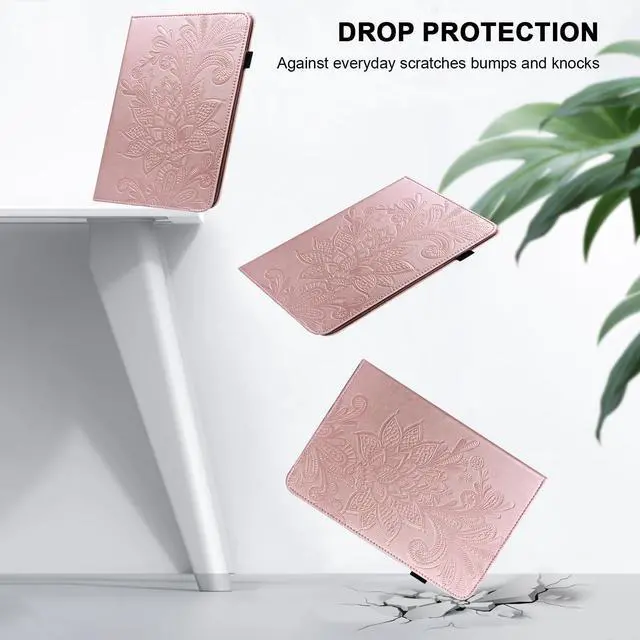 Alt view image 2 of 5 - TUOLISG Case for Amazon Kindle Fire HD 10 9th/7th/5th Generation 10.1 Inch with Card Slots, Flower Pattern Embossed PU Leather Folio Wallet Stand Case for Fire HD 10 2019/2017/2015, Rose Gold