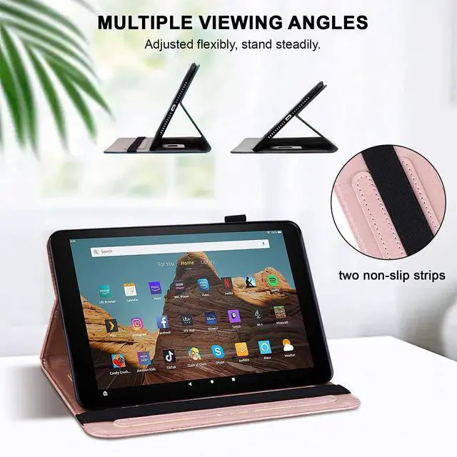 Alt view image 3 of 5 - TUOLISG Case for Amazon Kindle Fire HD 10 9th/7th/5th Generation 10.1 Inch with Card Slots, Flower Pattern Embossed PU Leather Folio Wallet Stand Case for Fire HD 10 2019/2017/2015, Rose Gold