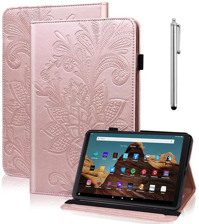 Main image of TUOLISG Case for Amazon Kindle Fire HD 10 9th/7th/5th Generation 10.1 Inch with Card Slots, Flower Pattern Embossed PU Leather Folio Wallet Stand Case for Fire HD 10 2019/2017/2015, Rose Gold