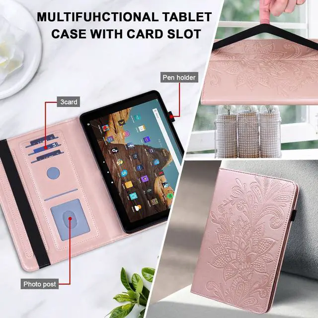 Alt view image 4 of 5 - TUOLISG Case for Amazon Kindle Fire HD 10 9th/7th/5th Generation 10.1 Inch with Card Slots, Flower Pattern Embossed PU Leather Folio Wallet Stand Case for Fire HD 10 2019/2017/2015, Rose Gold