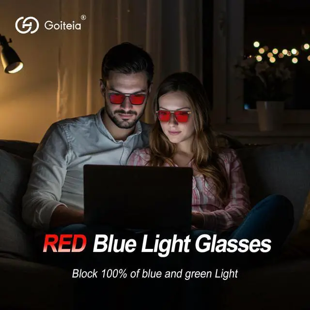 Alt view image 2 of 5 - Goiteia 100% Blue Light Blocking Glasses - Red Sleep Glasses for Total Blue and Green Light Blocking - Relieve Eye Strain & Improve Sleep - Spring Hinges for Superior Comfort